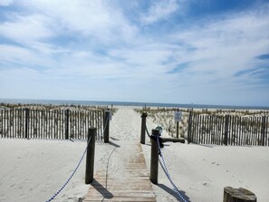 Ein hölzerner Steg führt zu einem Strand, wo ein Schild 'Betreten der Dünen verboten' steht.
