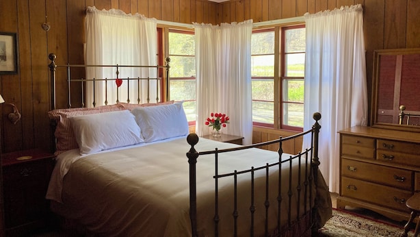 A bedroom with a wooden paneled wall, a bed with a metal frame, two windows with curtains, a dresser, and a mirror. - Country Home, outdoor spaces, secluded but close to everything (Traverse City)