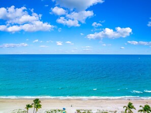 A beach with clear blue water, palm trees, and a sandy shore.