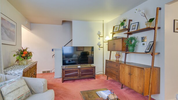 A living room with a TV, sofa, coffee table, and wooden shelves with plants. - Convenient, Pet-Friendly Rochester Vacation Rental (Rochester)