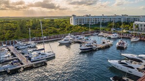 A marina with multiple yachts docked, a large building in the background, and a lush green landscape.