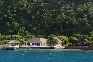 A coastal property with a dock, a main building, and a smaller structure, surrounded by dense tropical vegetation.