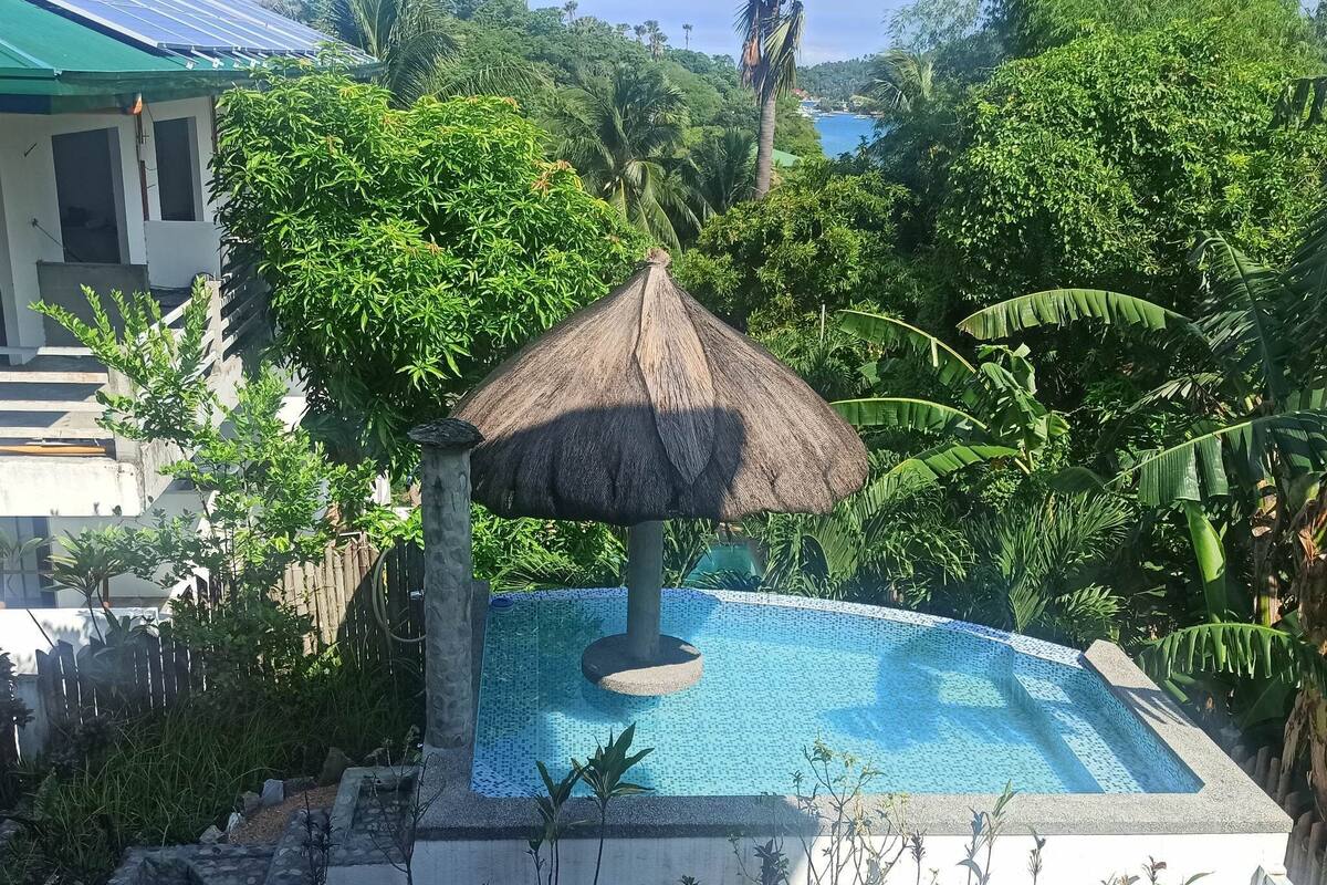 A swimming pool with a thatched roof structure, surrounded by lush greenery and a view of a coastal area.
