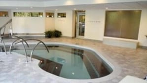 An indoor swimming pool with a curved design, surrounded by a tiled floor and a glass barrier. - Iron Blosam Lodge at Snowbird with all the amenities you want. (Sandy)
