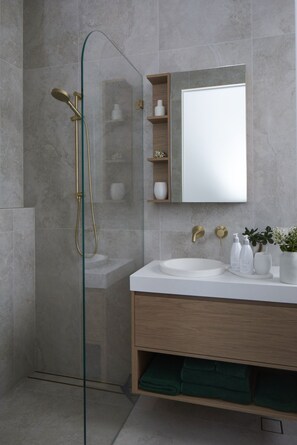Shower, eco-friendly toiletries, hair dryer, bidet