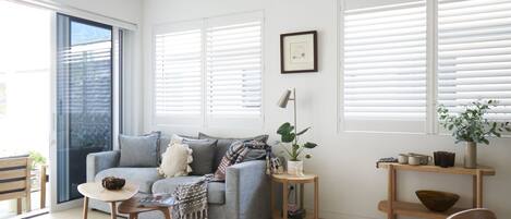 Smart TV, fireplace, books, stereo