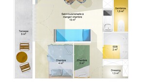 A floor plan of a hotel room with a terrace, kitchenette, dining area, bathroom, and bedroom. - Appartement Aldeïa - Welkeys (Huez)