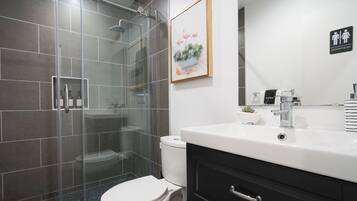 Shower, hair dryer, towels, soap