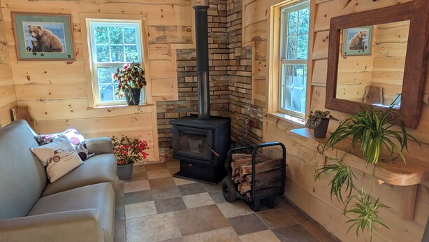 Ein gemütliches Blockhaus-Interieur mit Kamin, Holzwänden, einer Couch und Fenstern mit Bär-Motiven.