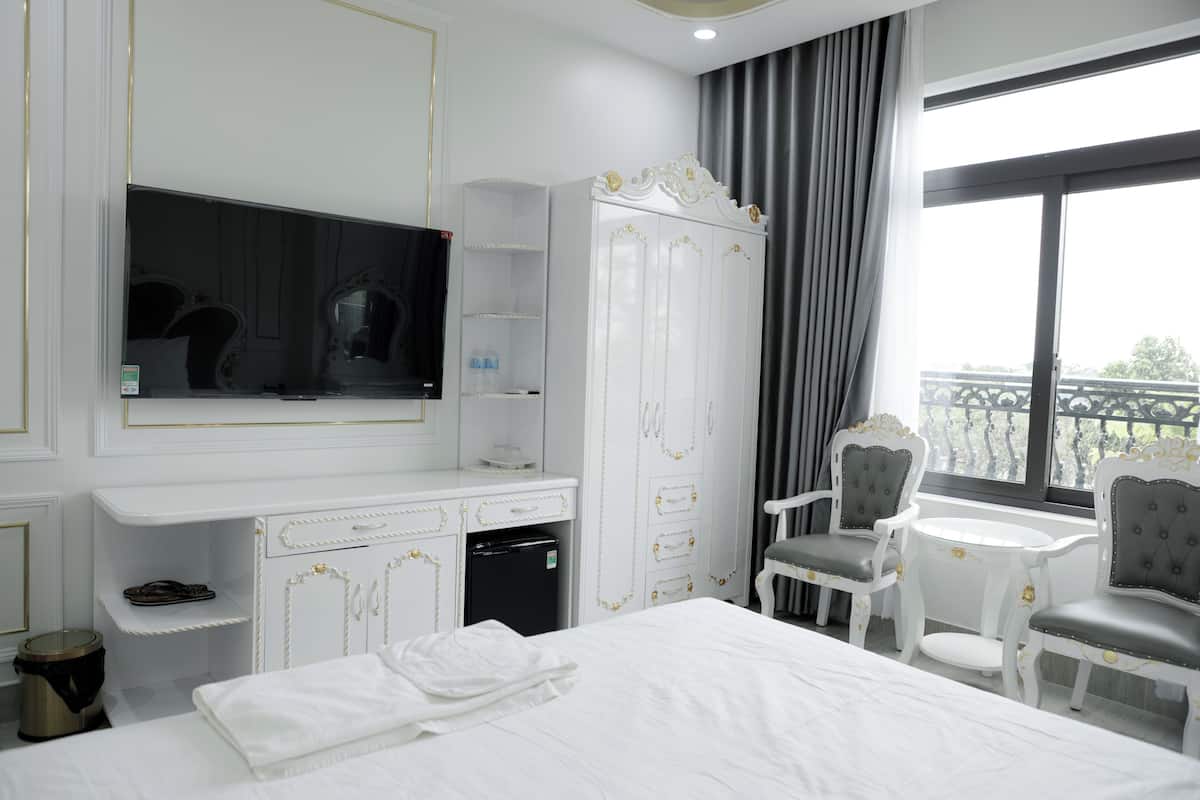 Une chambre d’hôtel équipée d’un lit, d’une télévision, d’une armoire, d’un bureau, d’une chaise et d’une fenêtre donnant sur un paysage agréable.