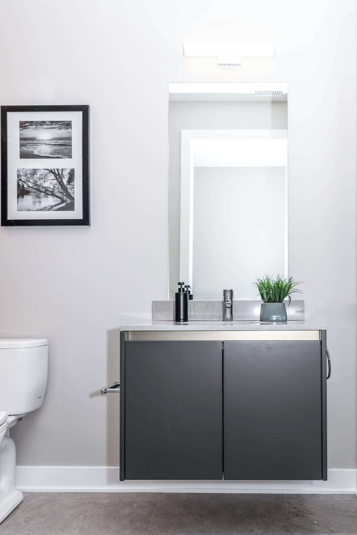 Un baño con un inodoro blanco, un mueble gris oscuro con un espejo arriba y una fotografía blanco y negro enmarcada en la pared.