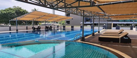 Outdoor pool, pool umbrellas, pool loungers