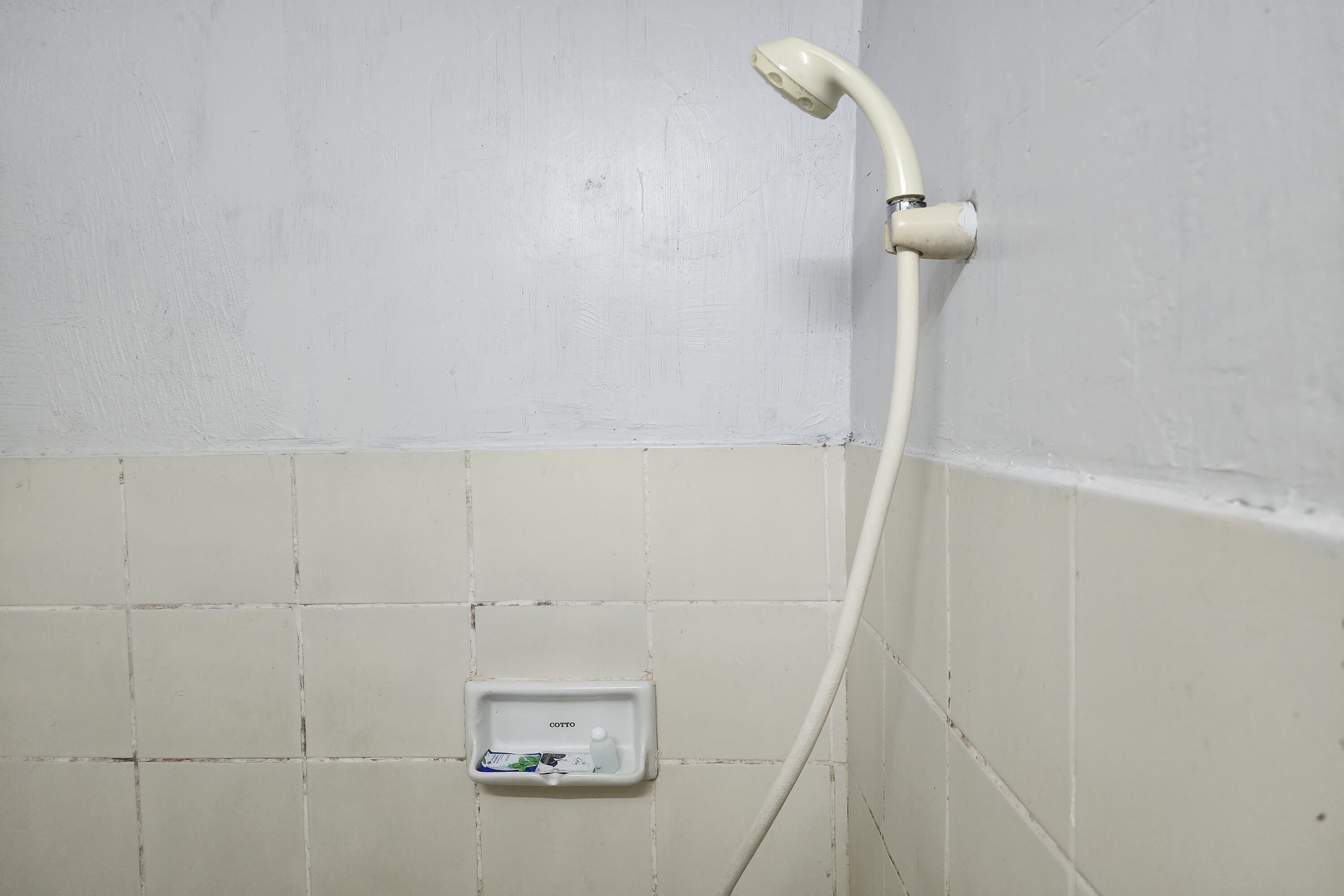 A shower area with a handheld showerhead and a soap dispenser.