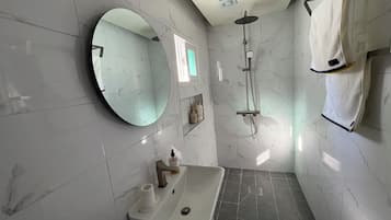 Shower, eco-friendly toiletries, hair dryer, towels