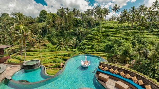 A resort pool with a swan float, surrounded by lush greenery and palm trees.