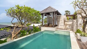 A pool with a gazebo, surrounded by lush greenery and overlooking the sea. - Peaceful 16BR Villa W/ Pool in Bali, Bali Villa 2209 (Bali)