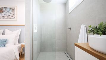 Hair dryer, towels, soap, toilet paper