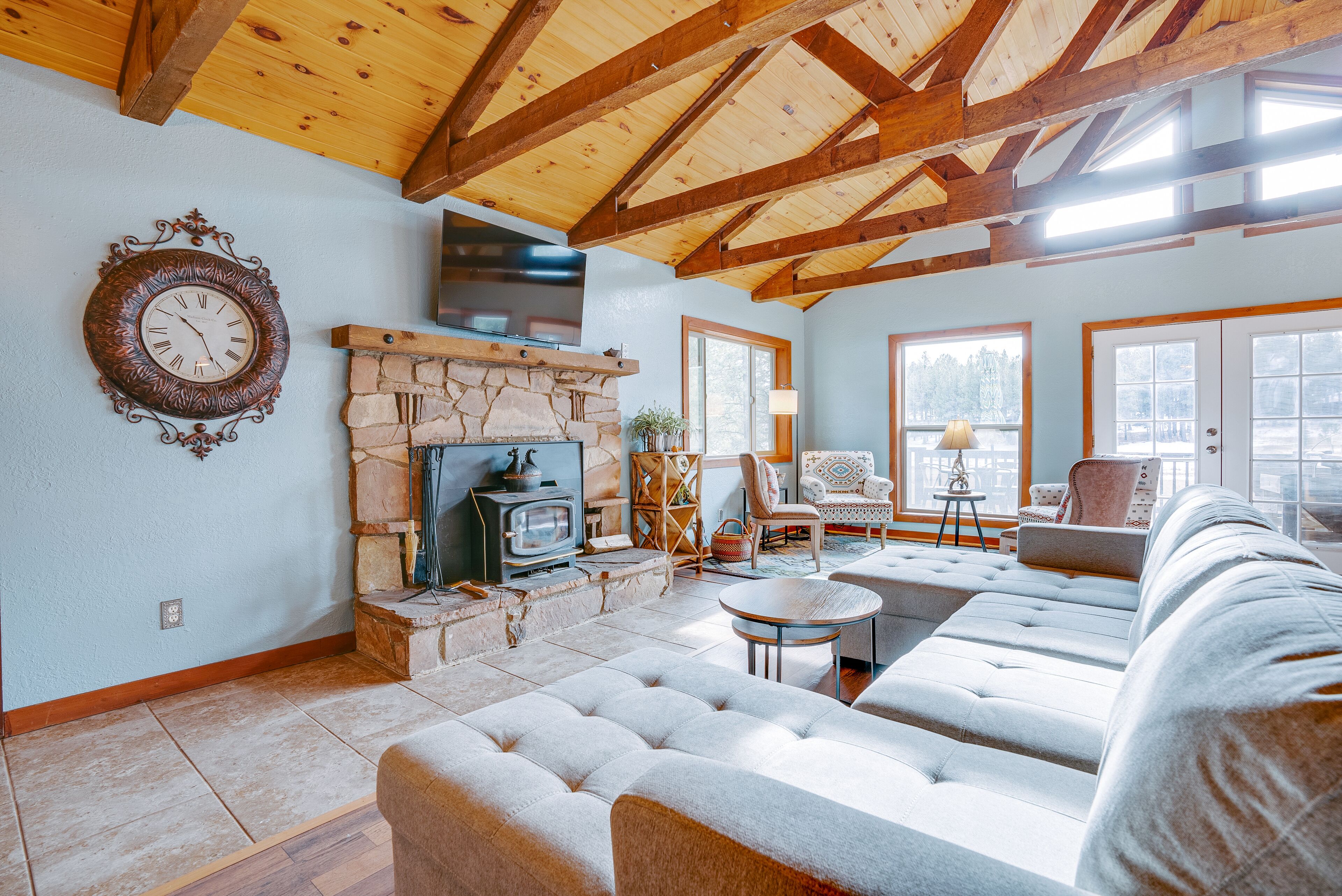 TV, fireplace, books