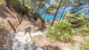Un sentier de randonnée côtier, avec des marches, une rambarde en bois et une vue sur la mer.