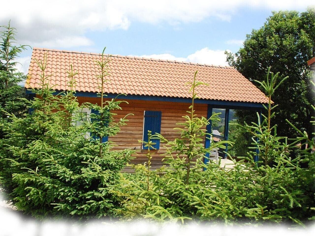 A wooden cabin with a red-tiled roof, surrounded by dense greenery.