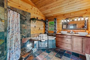 Shower, hair dryer, towels, soap - Up Here In the Mountains - Luxury Cabin in Newland with Views, Hot Tub, & Pool Table! (Newland)