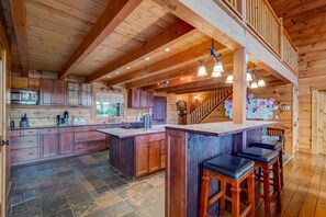 Fridge, microwave, oven, stovetop - Up Here In the Mountains - Luxury Cabin in Newland with Views, Hot Tub, & Pool Table! (Newland)