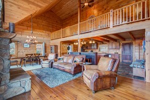TV, fireplace - Up Here In the Mountains - Luxury Cabin in Newland with Views, Hot Tub, & Pool Table! (Newland)