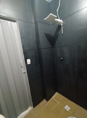 Bathroom features a wall-mounted showerhead and a single electrical outlet.