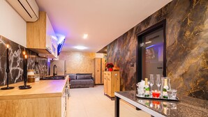 A modern kitchen with a built-in stove, a wooden cabinet, and a grey sofa. - Wellness & Relax Apartment Lilly, Trebnje, Slovenia (Trebnje)