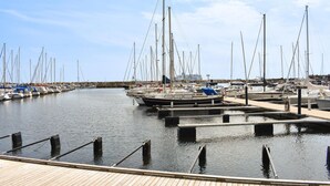 A marina with multiple boats docked, wooden walkways, and a clear sky.