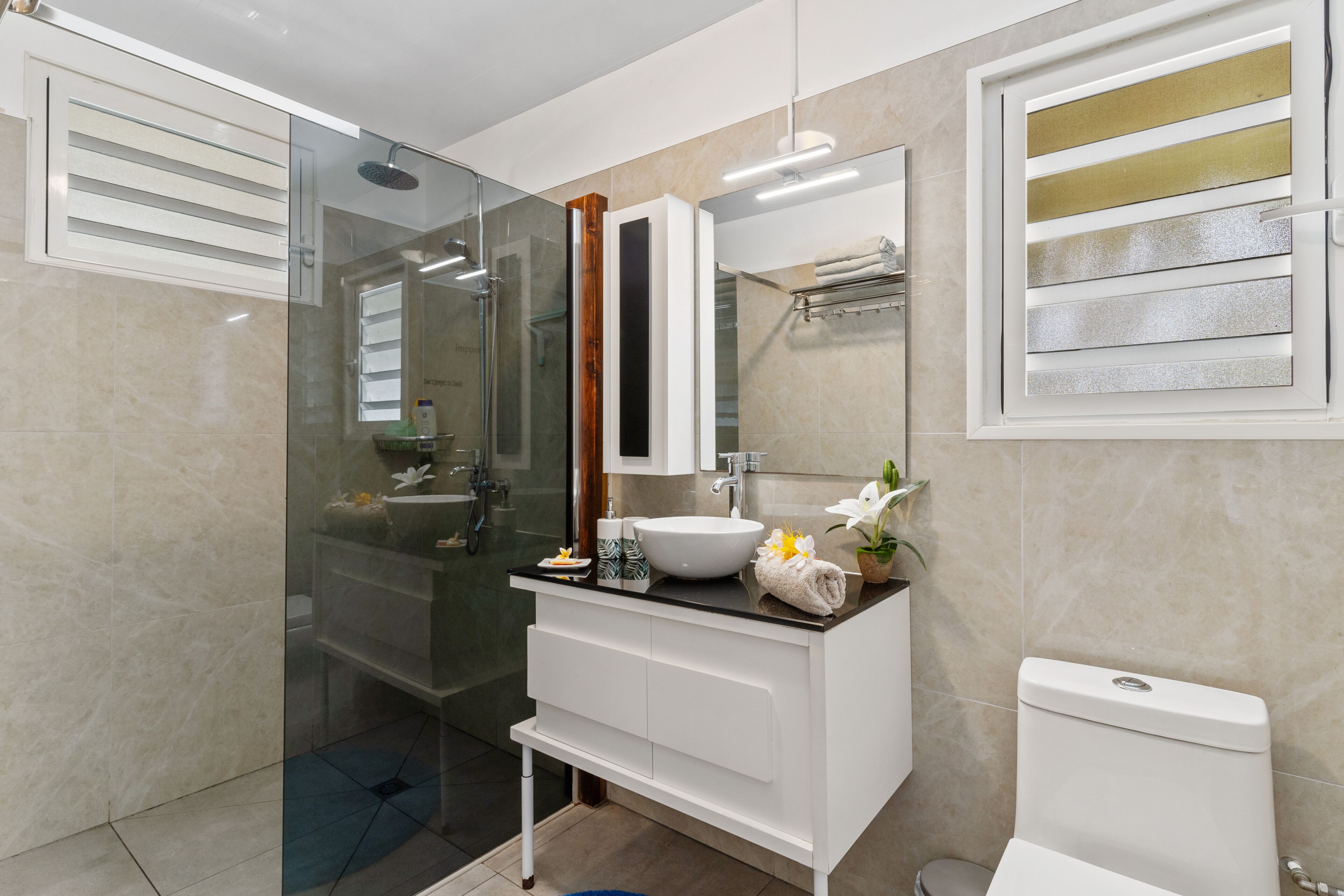 Une salle de bain moderne avec une douche à parois de verre, un lavabo blanc et des toilettes.