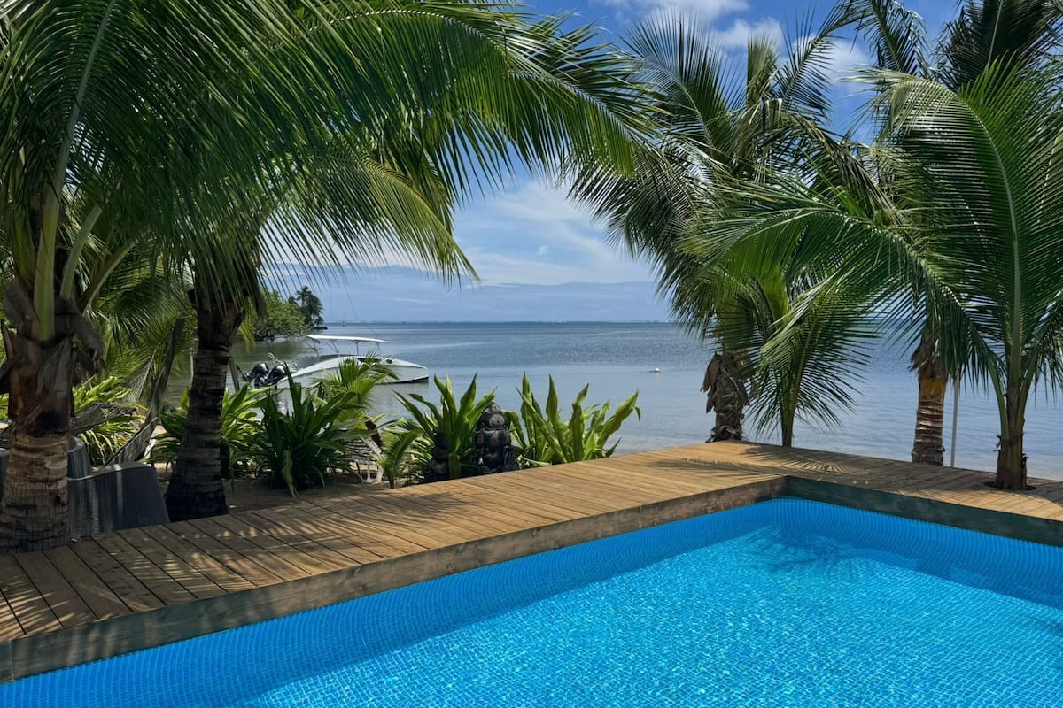 A swimming pool with a wooden deck, surrounded by palm trees and a view of the sea.