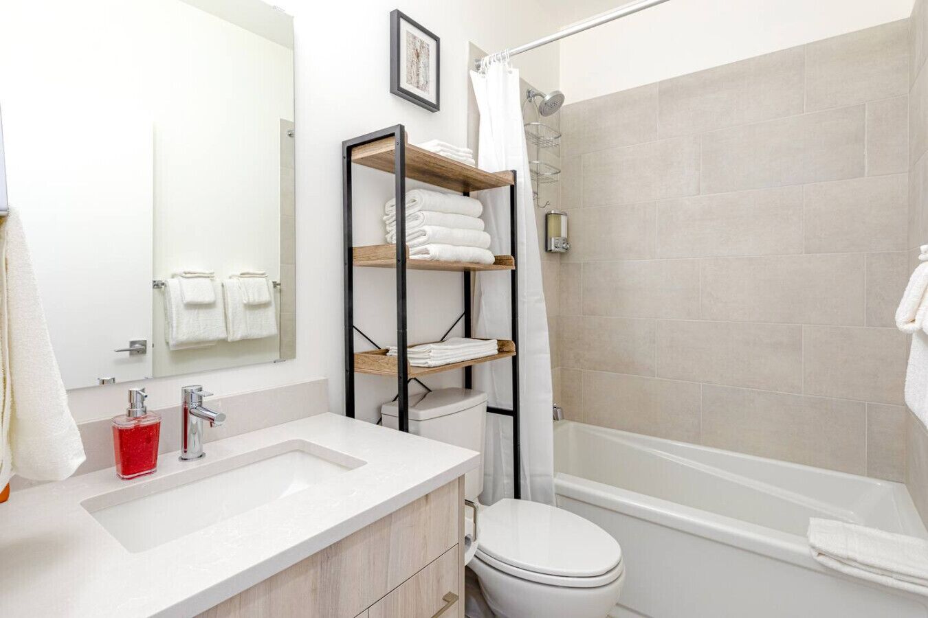 Hair dryer, towels, soap, shampoo