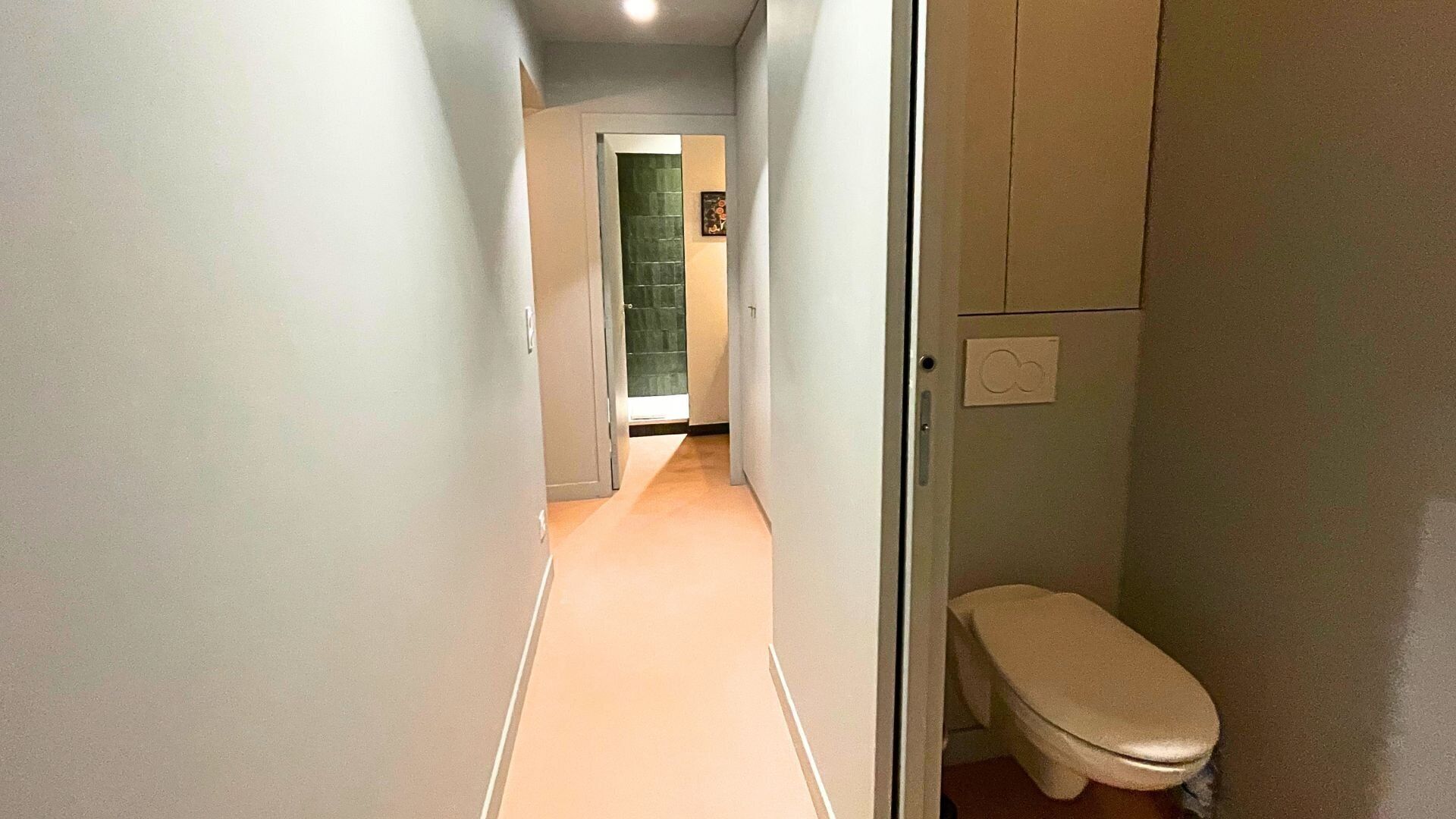Un pasillo estrecho que conduce a un baño con inodoro y una zona de ducha con azulejos verdes.