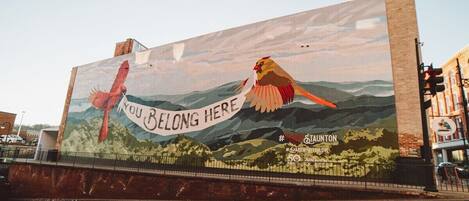 A mural on a building featuring birds and the text "YOU BELONG HERE".