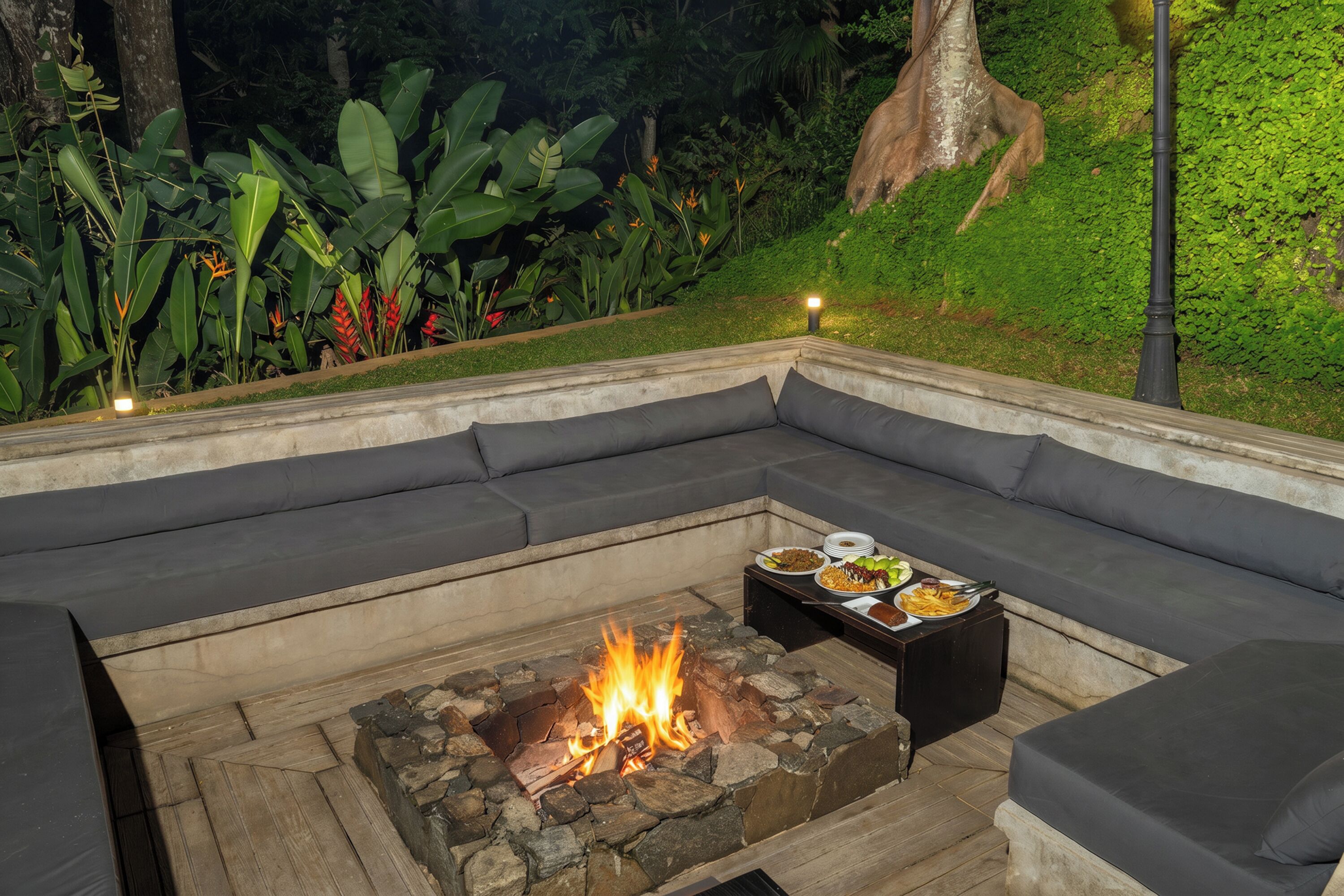 An outdoor seating area with a built-in fire pit and a table with food.