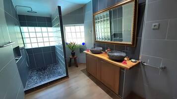 Hair dryer, towels, soap, toilet paper