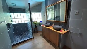 Hair dryer, towels, soap, toilet paper