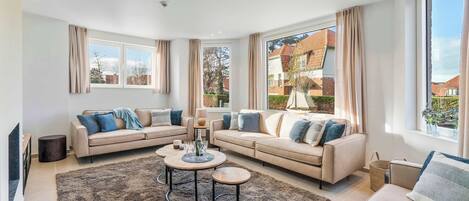 Televisio, takka, työhuone