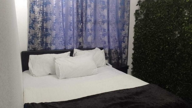 Un lit avec une literie blanche et une tête de lit noire, un rideau bleu à motifs et un mur recouvert de feuilles vertes.