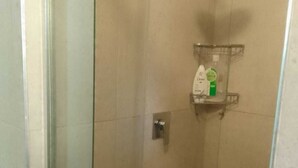 Une douche équipée d’un pommeau de douche à main et d’une étagère pour les articles de toilette.