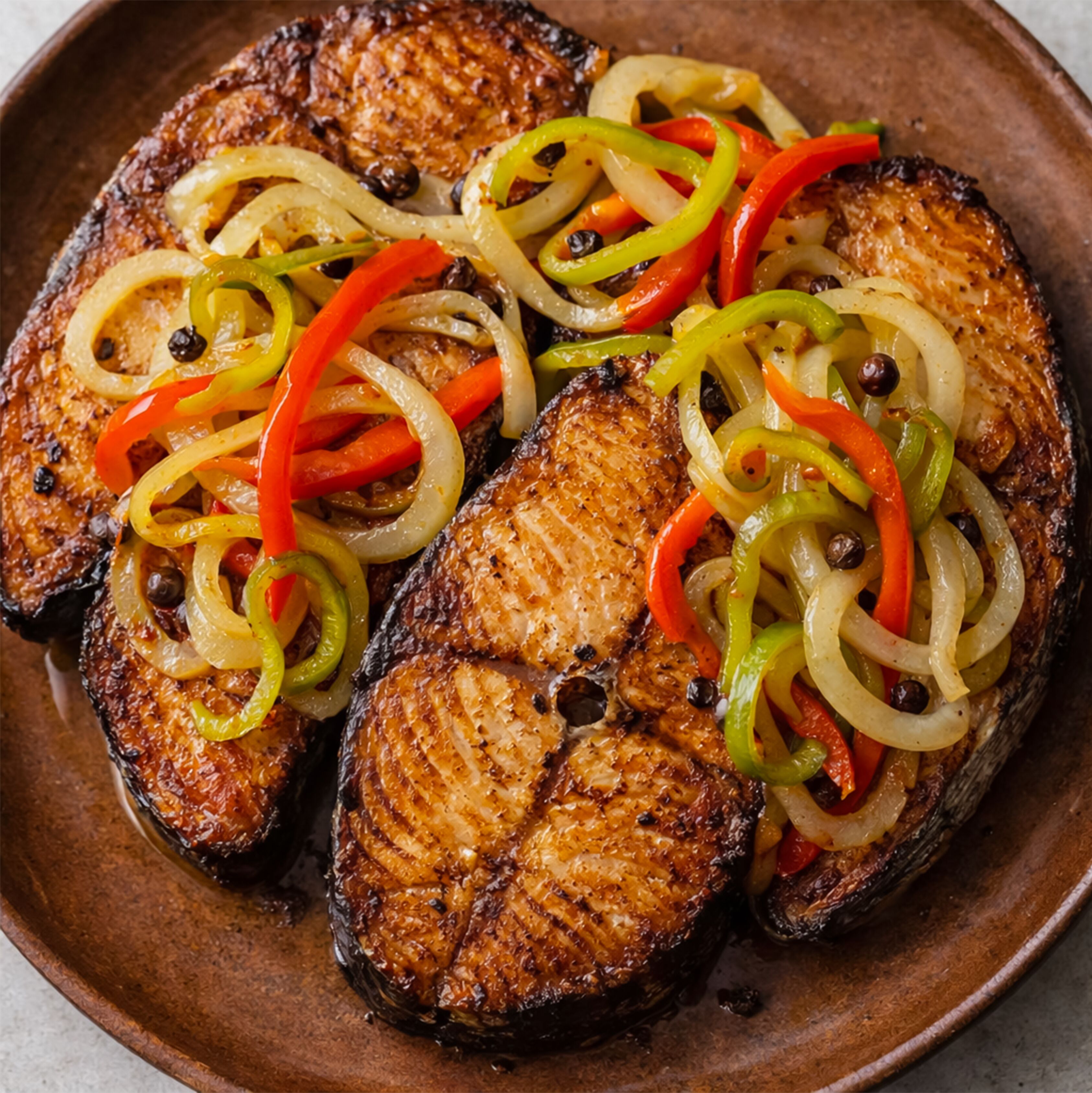 Grilled fish fillets with bell peppers and onions on a plate.