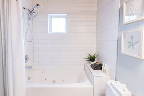 Hair dryer, towels, soap, shampoo