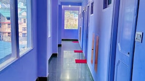A hallway with blue walls, a green floor, and red mats at doorways. - Royal Selection (Manali)