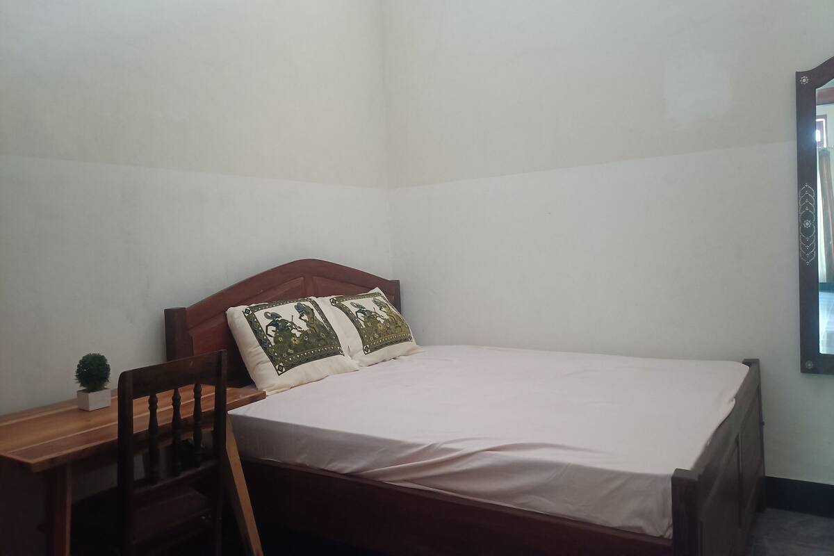 A single bed with a wooden headboard, two decorative pillows, a small bedside table with a plant, and a mirror on the wall.