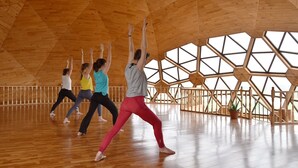 Une pièce spacieuse avec un plafond en bois et de grandes fenêtres.