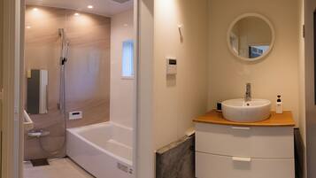 Basic Cabin, 2 Bedrooms | Bathroom | Separate bathtub and shower, hair dryer, towels, soap