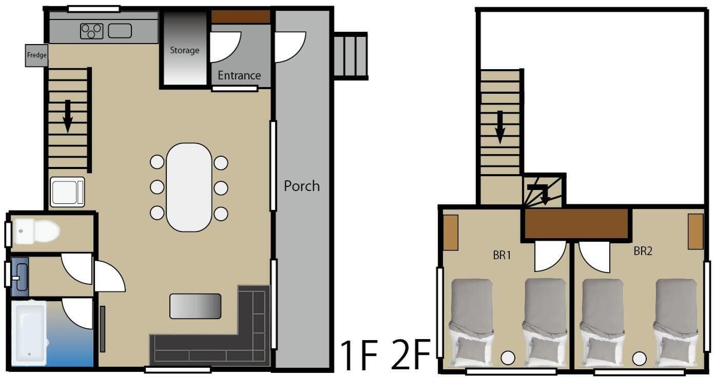 A hotel layout with a storage area, entrance, porch, and two bedrooms labeled BR1 and BR2.