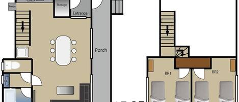 A hotel layout with a storage area, entrance, porch, and two bedrooms labeled BR1 and BR2.