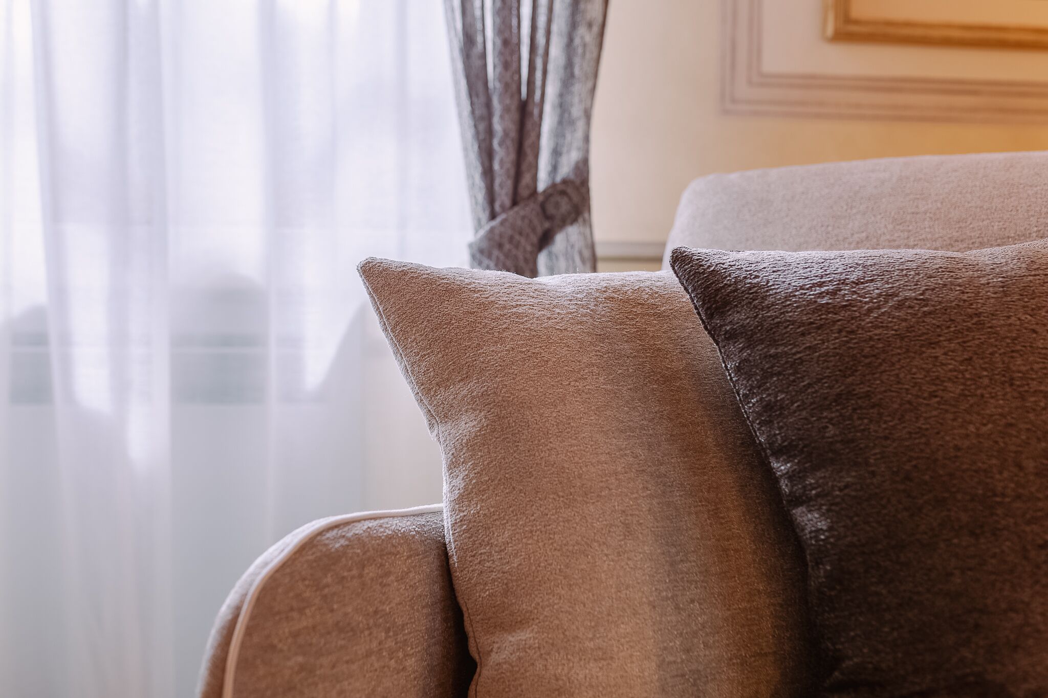 A close-up of a sofa with two cushions.